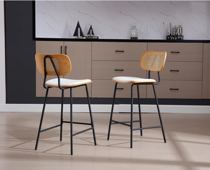 Ya-Home Rattan Bar Chair Set of 2 Wood Metal Bar Stools PU Leather Cushion High Bar Metal Foot for Counter Top White