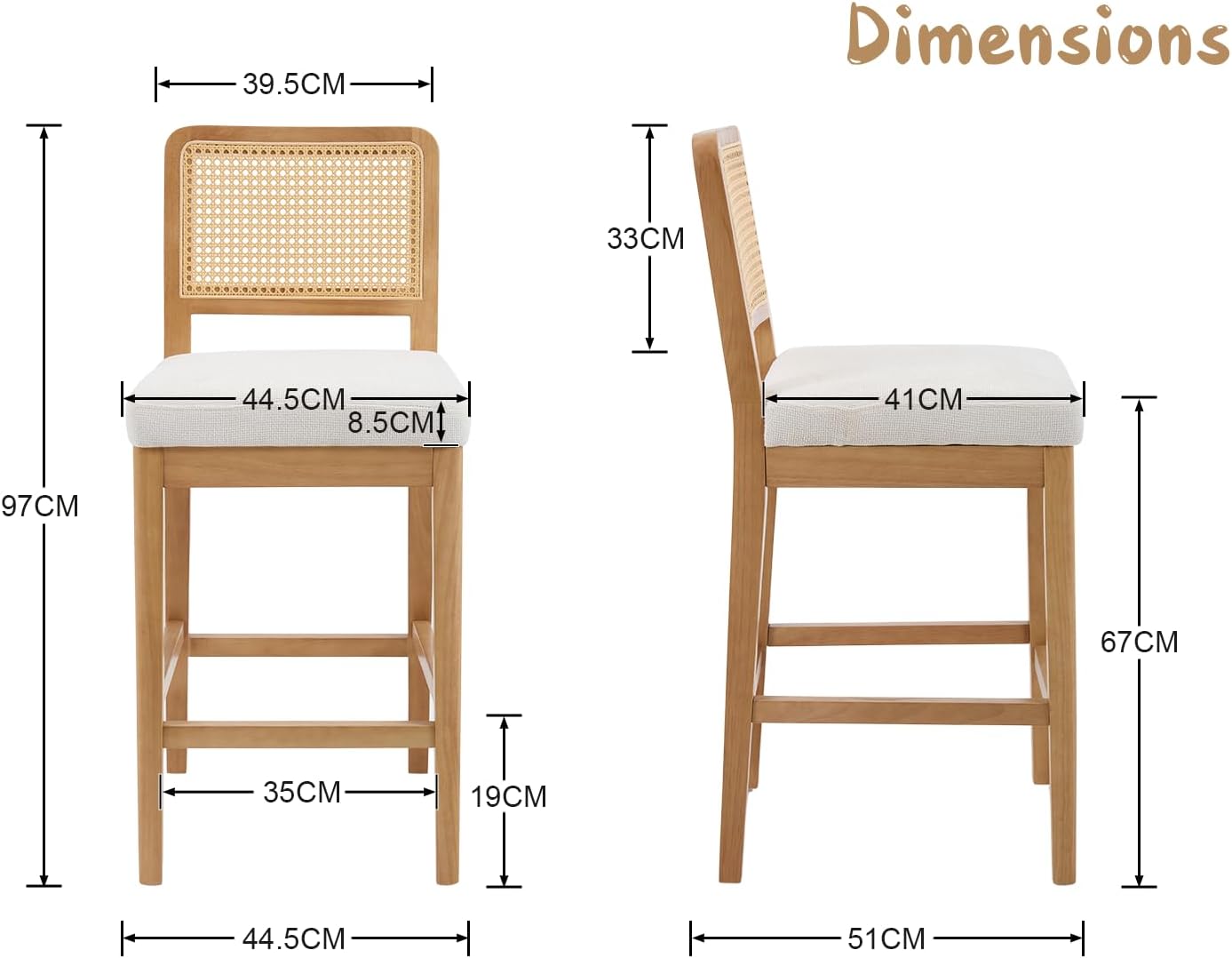 chairus 2 Pack Bar Stools with Rattan Backrest Chenille Counter Stools No Armrest Bar High Chair with Solid Wood Footrest for Kitchen, Central Island, White-2