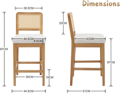 chairus 2 Pack Bar Stools with Rattan Backrest Chenille Counter Stools No Armrest Bar High Chair with Solid Wood Footrest for Kitchen, Central Island, White-2