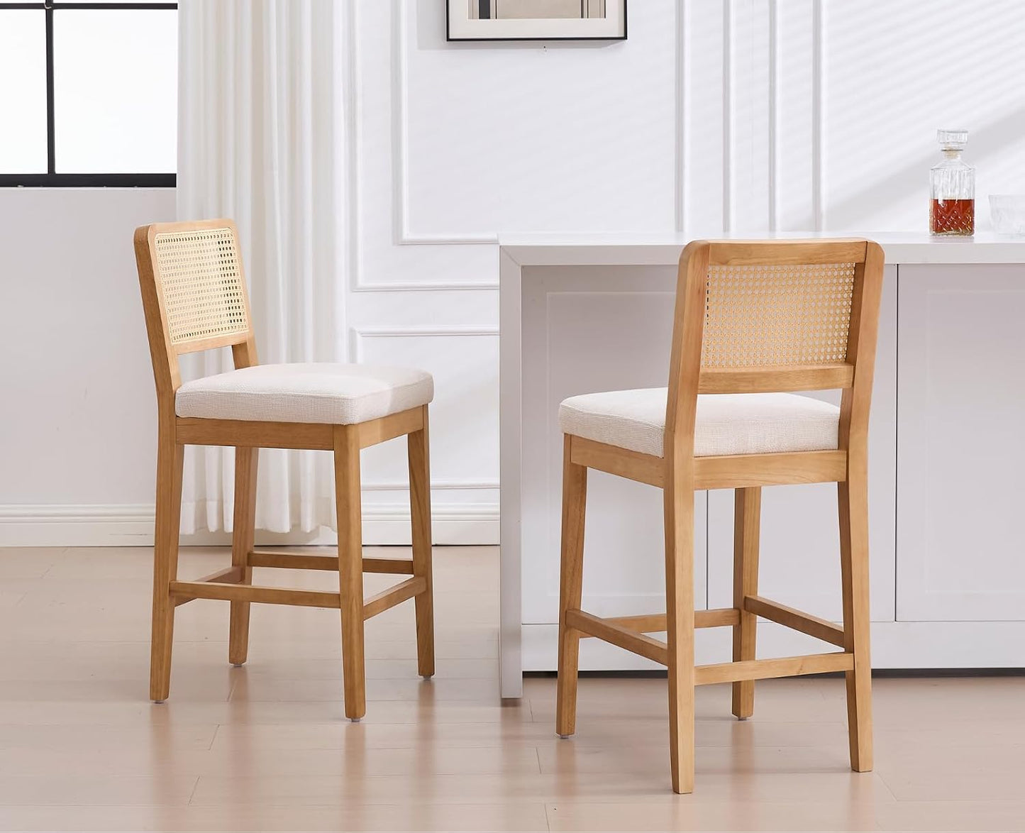chairus 2 Pack Bar Stools with Rattan Backrest Chenille Counter Stools No Armrest Bar High Chair with Solid Wood Footrest for Kitchen, Central Island, White-2
