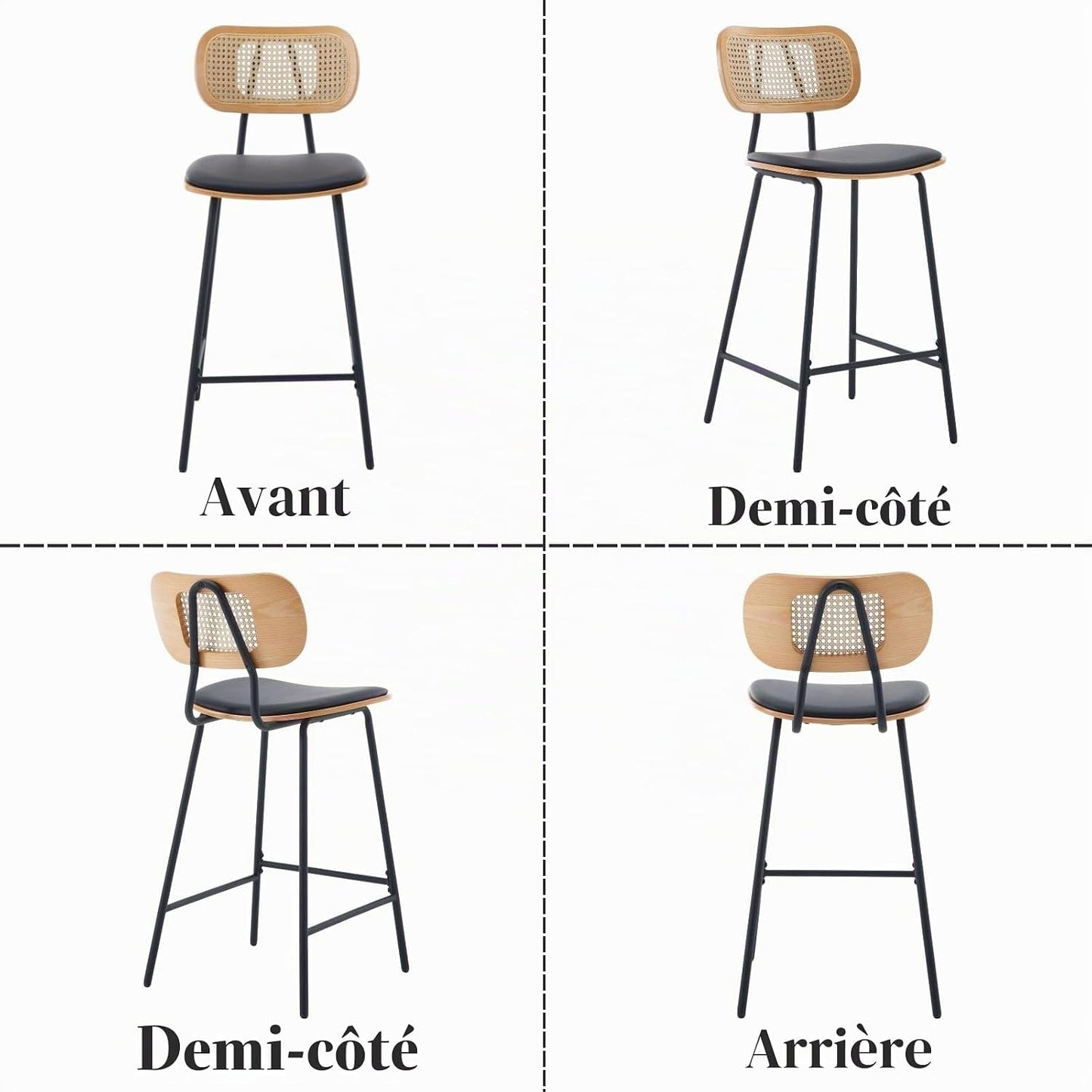 Ya-Home Rattan Bar Chair Set of 2 Wood Metal Bar Stools PU Leather Cushion High Bar Metal Foot for Counter Top Black