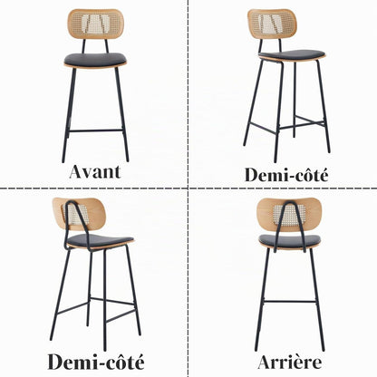 Ya-Home Rattan Bar Chair Set of 2 Wood Metal Bar Stools PU Leather Cushion High Bar Metal Foot for Counter Top Black