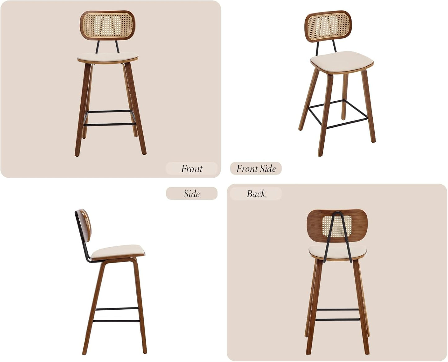 Ya-Home Set of 2 Modern Wooden Rattan Bar Stool Vintage Bar Chair Cushion PU Leather Comfortable Kitchen Stool Beige
