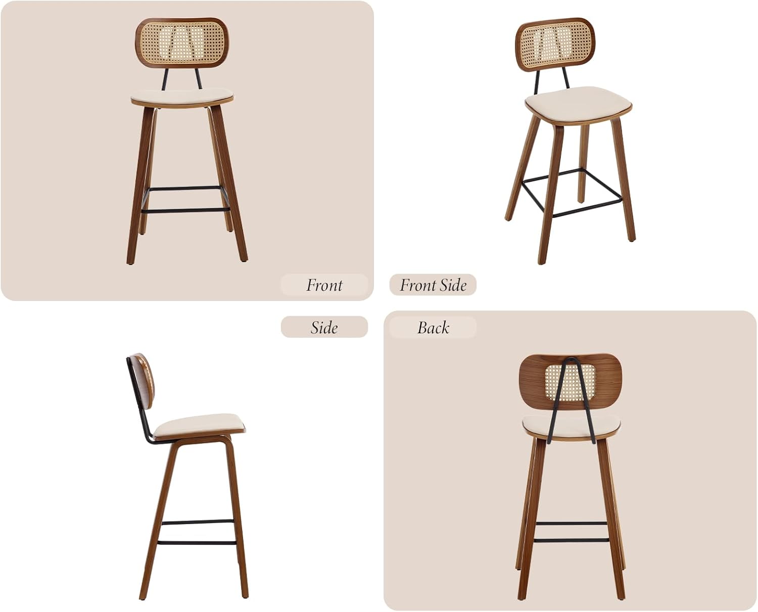 Ya-Home Set of 2 Modern Wooden Rattan Bar Stool Vintage Bar Chair Cushion PU Leather Comfortable Kitchen Stool Beige