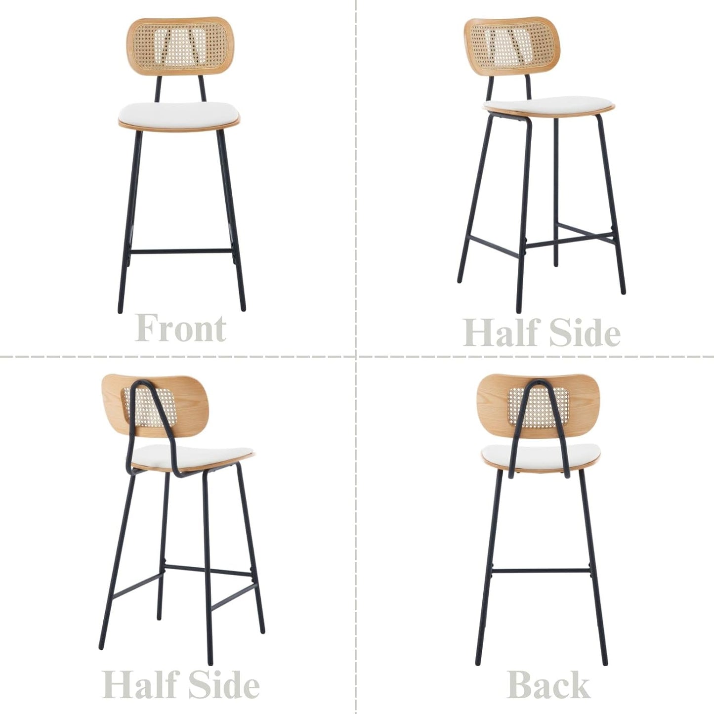 Ya-Home Rattan Bar Chair Set of 2 Wood Metal Bar Stools PU Leather Cushion High Bar Metal Foot for Counter Top White