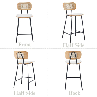 Ya-Home Rattan Bar Chair Set of 2 Wood Metal Bar Stools PU Leather Cushion High Bar Metal Foot for Counter Top White