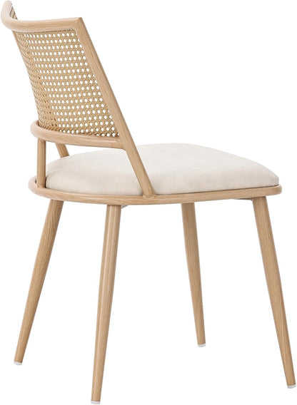 Merax Set of 4 Dining Chairs Kitchen Chairs with PU Seat and Rattan Backrest, Upholstered Chair for Dining Room, Living Room and Bedroom, Metal Frame, Beige