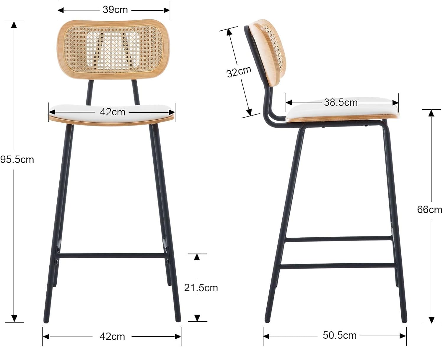 Ya-Home Rattan Bar Chair Set of 2 Wood Metal Bar Stools PU Leather Cushion High Bar Metal Foot for Counter Top White