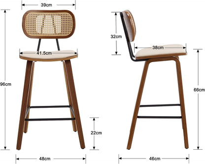 Ya-Home Set of 2 Modern Wooden Rattan Bar Stool Vintage Bar Chair Cushion PU Leather Comfortable Kitchen Stool Beige