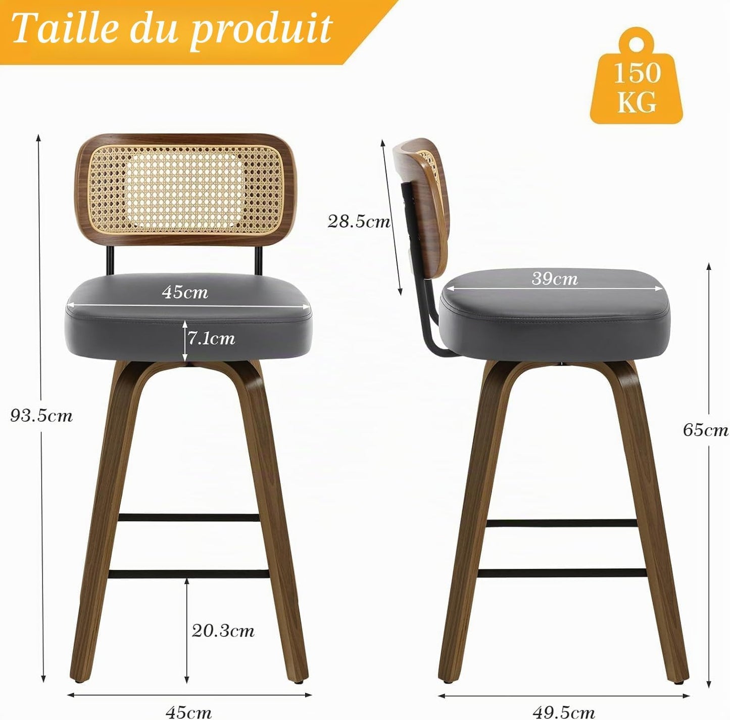 Bekrvio Set of 2 bar stools 360° swivel seat height 65 cm with rattan backrest, extra thick padding (7 cm), solid wood legs, stable up to 150 kg, ideal for island