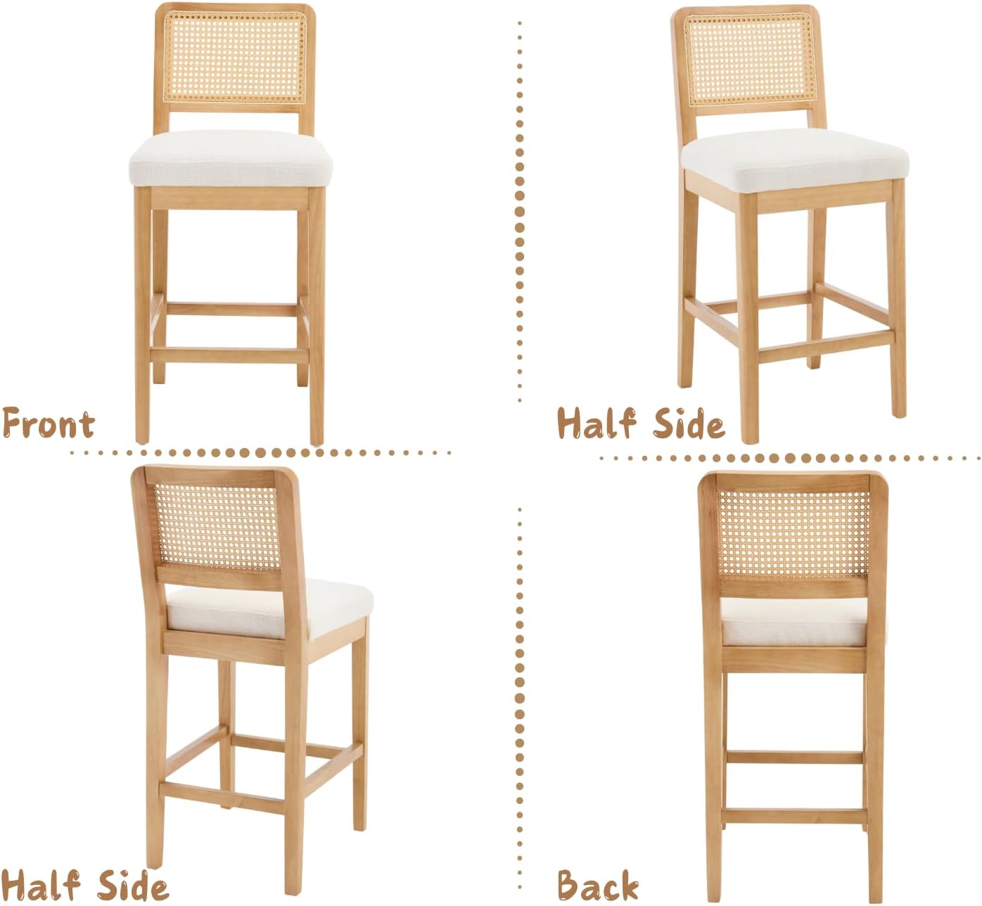 chairus 2 Pack Bar Stools with Rattan Backrest Chenille Counter Stools No Armrest Bar High Chair with Solid Wood Footrest for Kitchen, Central Island, White-2