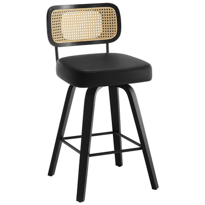 Bekrvio Set of 2 bar stools 360° swivel seat height 65 cm with rattan backrest, extra thick padding (7 cm), solid wood legs, stable up to 150 kg, ideal for island