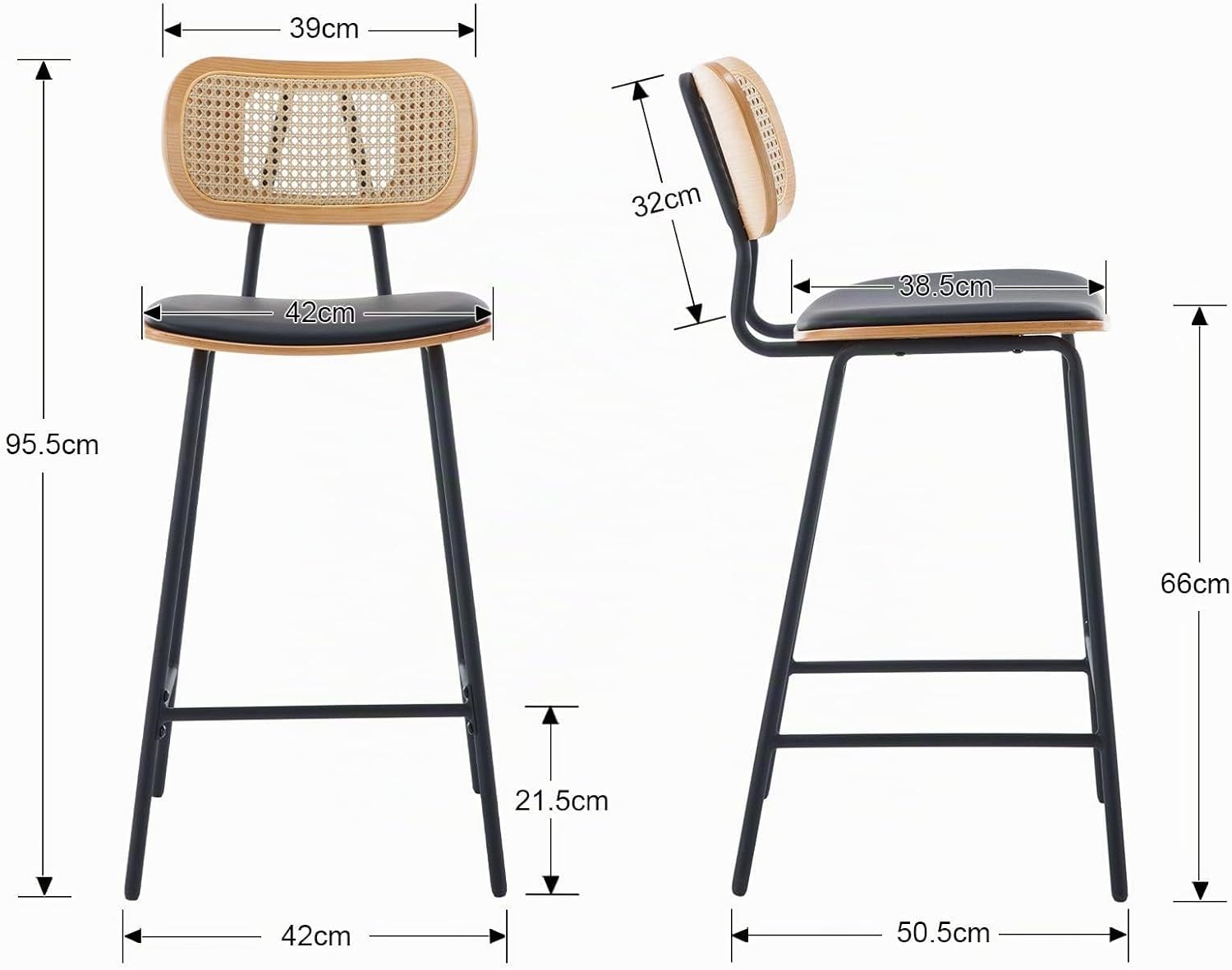 Ya-Home Rattan Bar Chair Set of 2 Wood Metal Bar Stools PU Leather Cushion High Bar Metal Foot for Counter Top Black