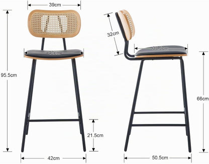 Ya-Home Rattan Bar Chair Set of 2 Wood Metal Bar Stools PU Leather Cushion High Bar Metal Foot for Counter Top Black