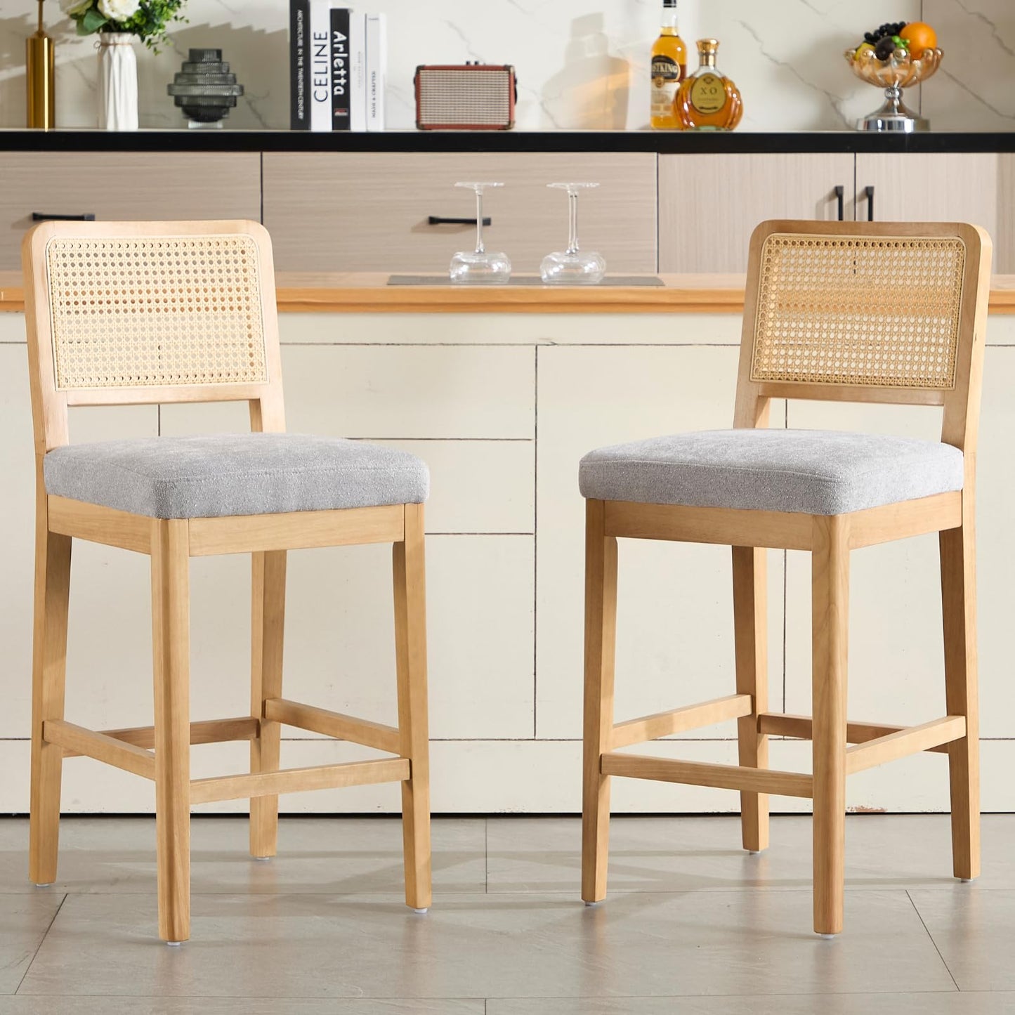 chairus 2 Pack Bar Stools with Rattan Backrest Chenille Counter Stools No Armrest Bar High Chair with Solid Wood Footrest for Kitchen, Central Island, White-2