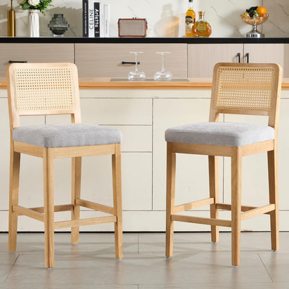 chairus 2 Pack Bar Stools with Rattan Backrest Chenille Counter Stools No Armrest Bar High Chair with Solid Wood Footrest for Kitchen, Central Island, White-2