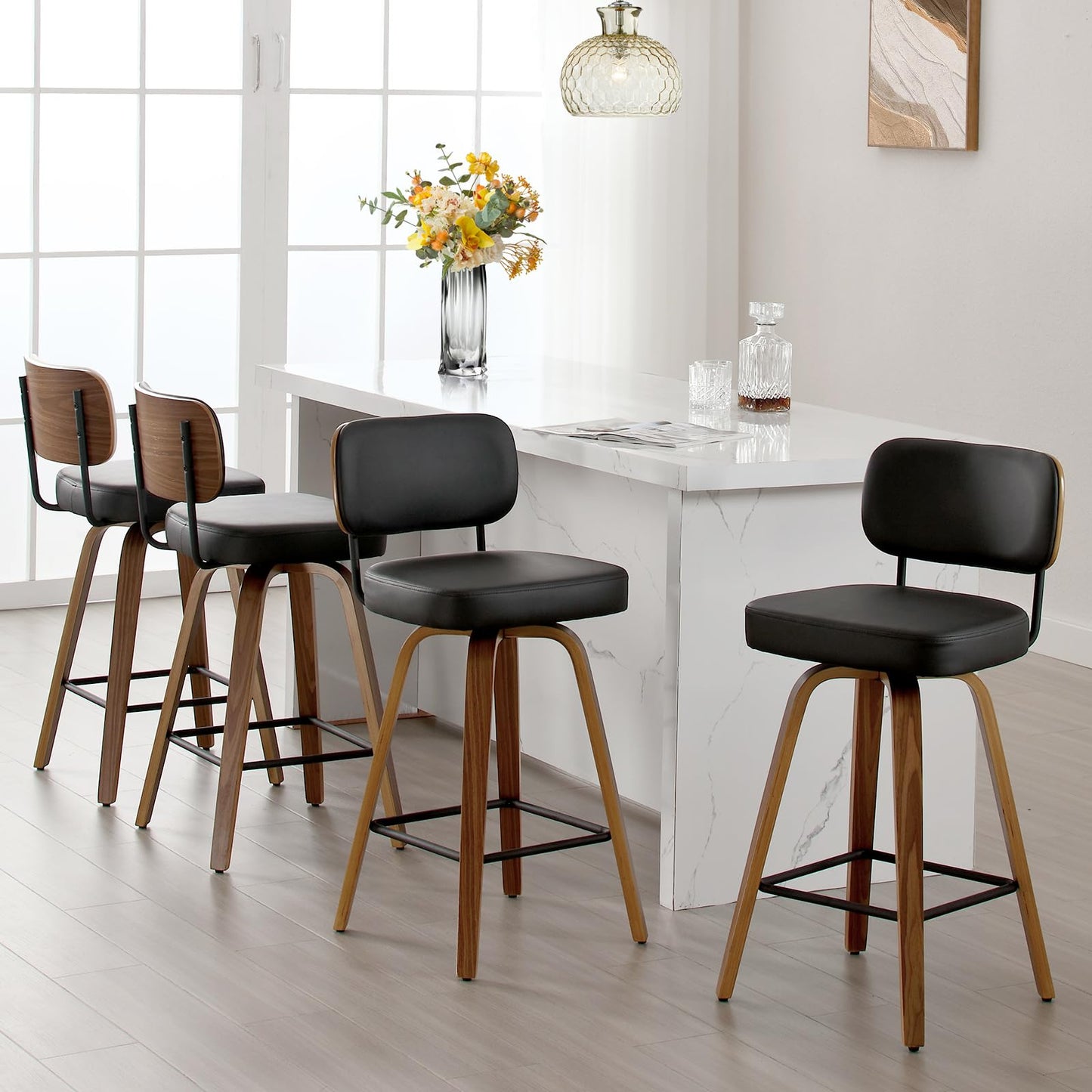 Bekrvio Set of 2 bar stools 360° swivel seat height 65 cm with rattan backrest, extra thick padding (7 cm), solid wood legs, stable up to 150 kg, ideal for island