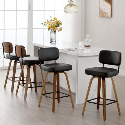 Bekrvio Set of 2 bar stools 360° swivel seat height 65 cm with rattan backrest, extra thick padding (7 cm), solid wood legs, stable up to 150 kg, ideal for island