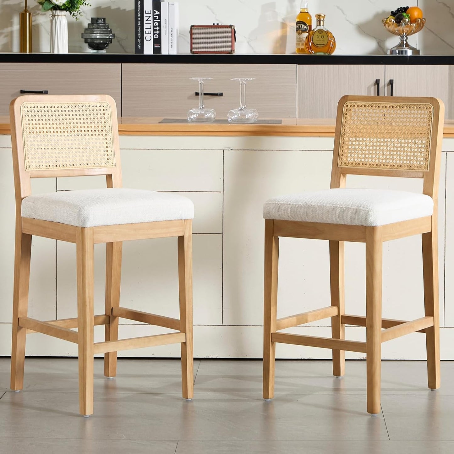 chairus 2 Pack Bar Stools with Rattan Backrest Chenille Counter Stools No Armrest Bar High Chair with Solid Wood Footrest for Kitchen, Central Island, White-2