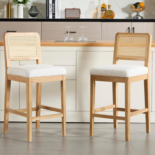 chairus 2 Pack Bar Stools with Rattan Backrest Chenille Counter Stools No Armrest Bar High Chair with Solid Wood Footrest for Kitchen, Central Island, White-2