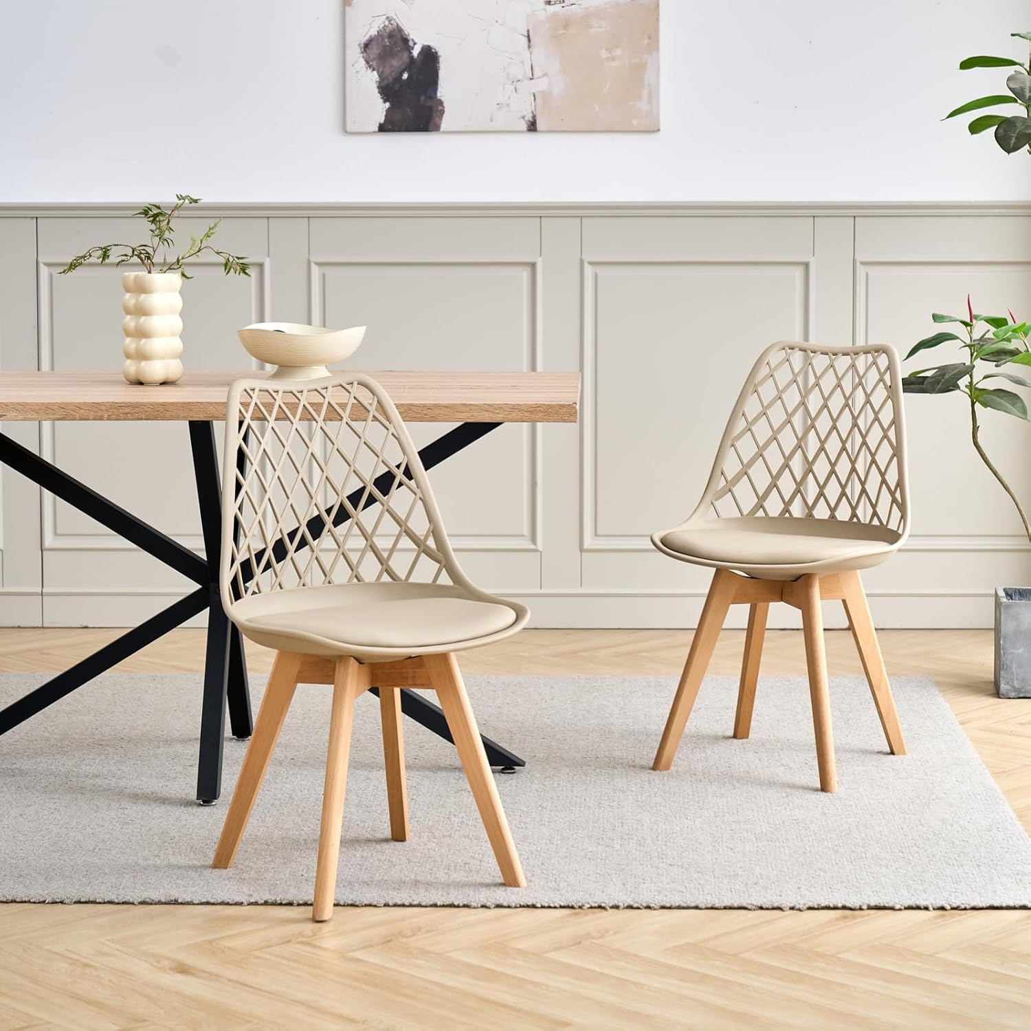 GrandCA HOME Set of 6 Modern Kitchen Dining Chairs with Leather Seats and Beech Legs, Ideal for Kitchen and Dining Room - Khaki