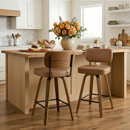 Bekrvio Set of 2 bar stools 360° swivel seat height 65 cm with rattan backrest, extra thick padding (7 cm), solid wood legs, stable up to 150 kg, ideal for island