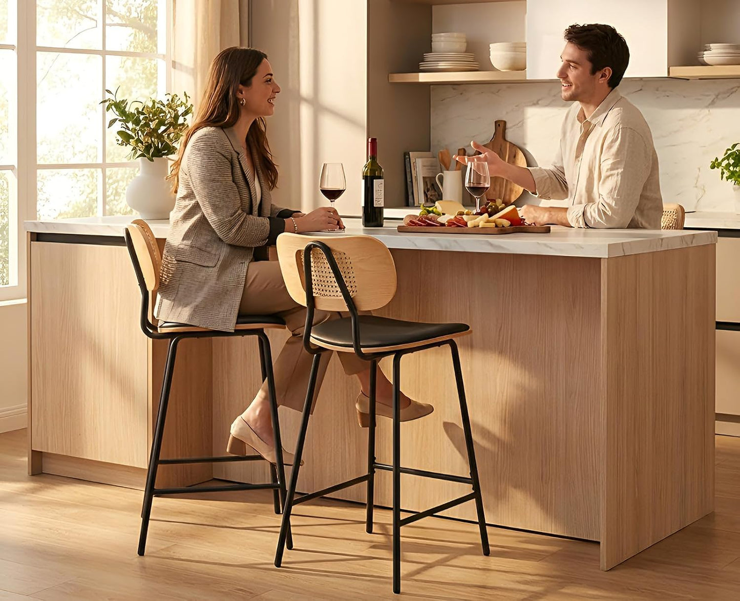 Ya-Home Rattan Bar Chair Set of 2 Wood Metal Bar Stools PU Leather Cushion High Bar Metal Foot for Counter Top Black