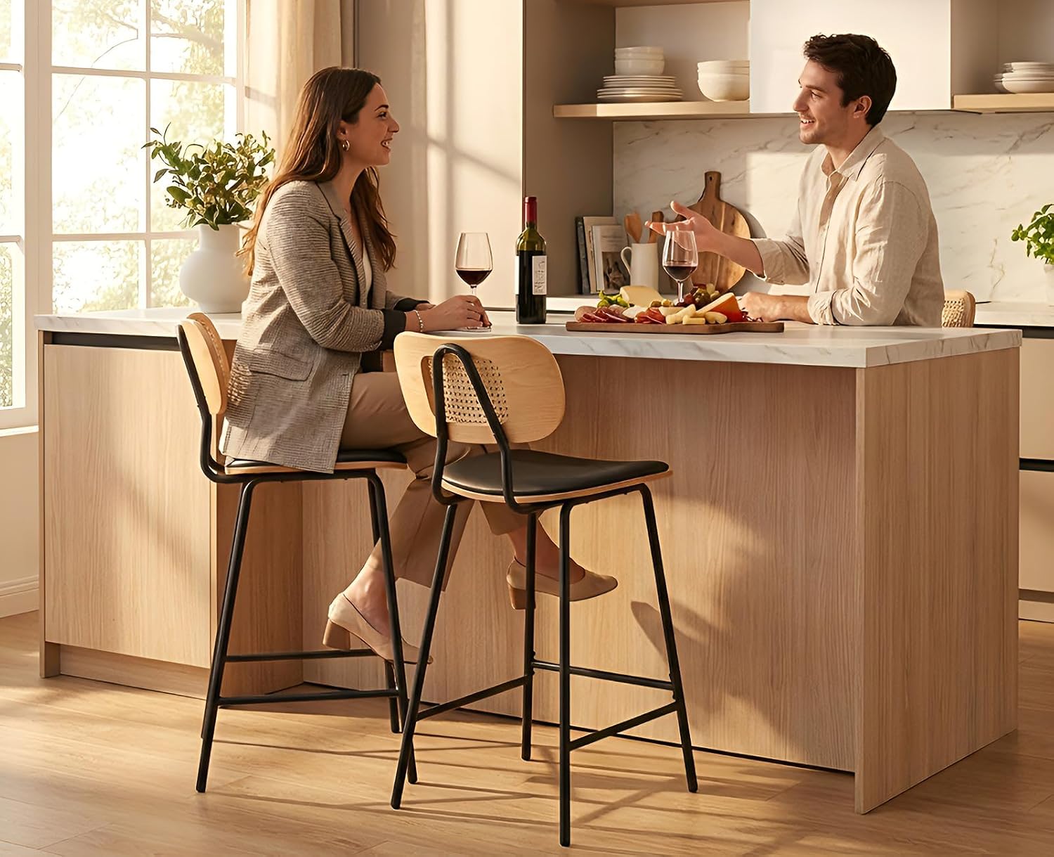 Ya-Home Rattan Bar Chair Set of 2 Wood Metal Bar Stools PU Leather Cushion High Bar Metal Foot for Counter Top Black