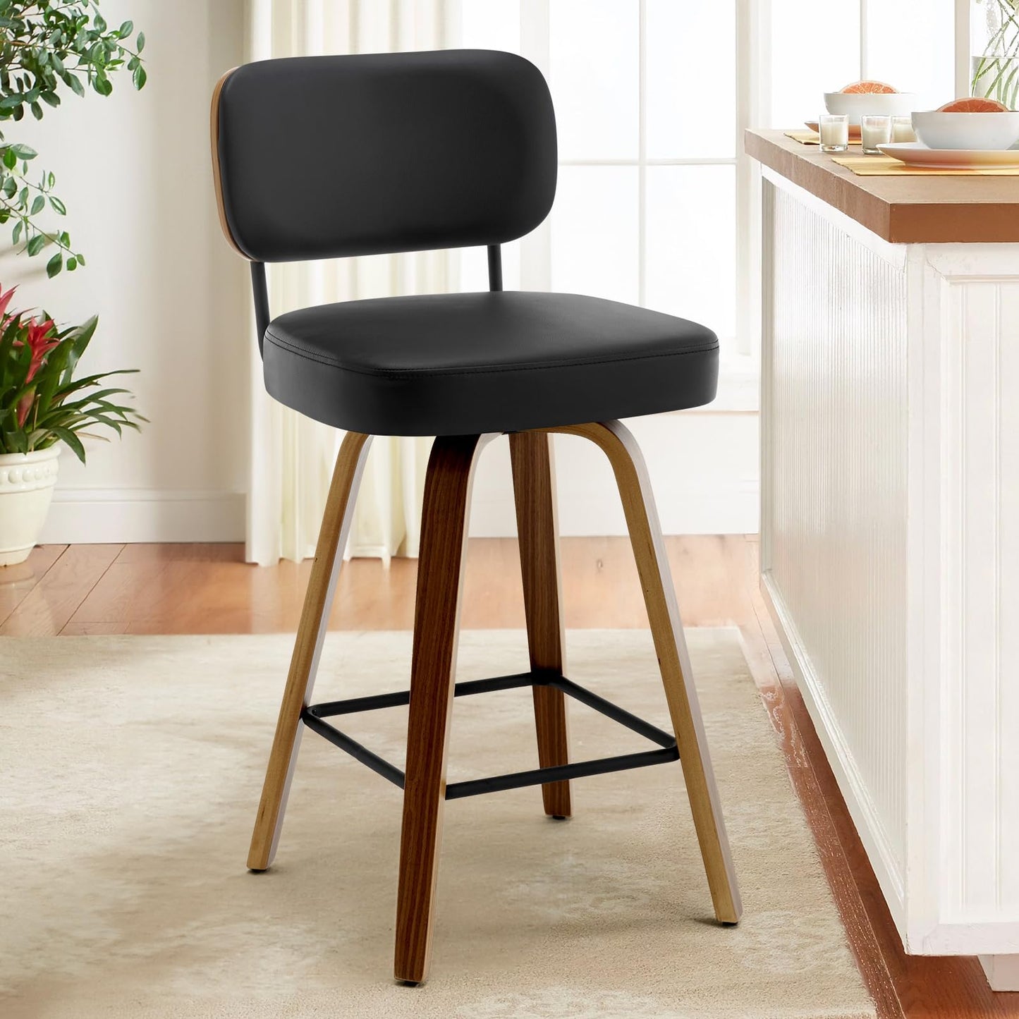 Bekrvio Set of 2 bar stools 360° swivel seat height 65 cm with rattan backrest, extra thick padding (7 cm), solid wood legs, stable up to 150 kg, ideal for island
