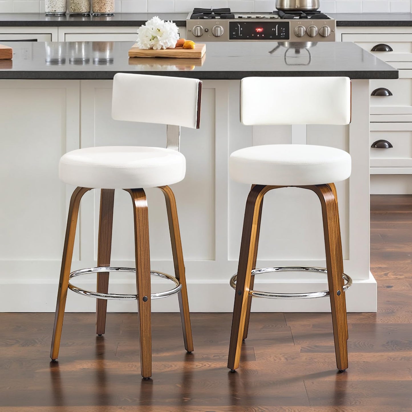 Bekrvio Set of 2 bar stools 360° swivel seat height 65 cm with rattan backrest, extra thick padding (7 cm), solid wood legs, stable up to 150 kg, ideal for island