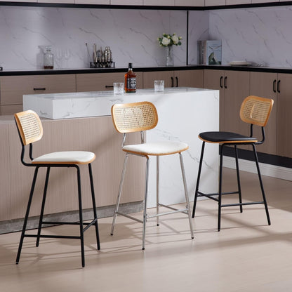 Ya-Home Rattan Bar Chair Set of 2 Wood Metal Bar Stools PU Leather Cushion High Bar Metal Foot for Counter Top Black