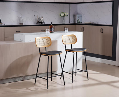 Ya-Home Rattan Bar Chair Set of 2 Wood Metal Bar Stools PU Leather Cushion High Bar Metal Foot for Counter Top Black