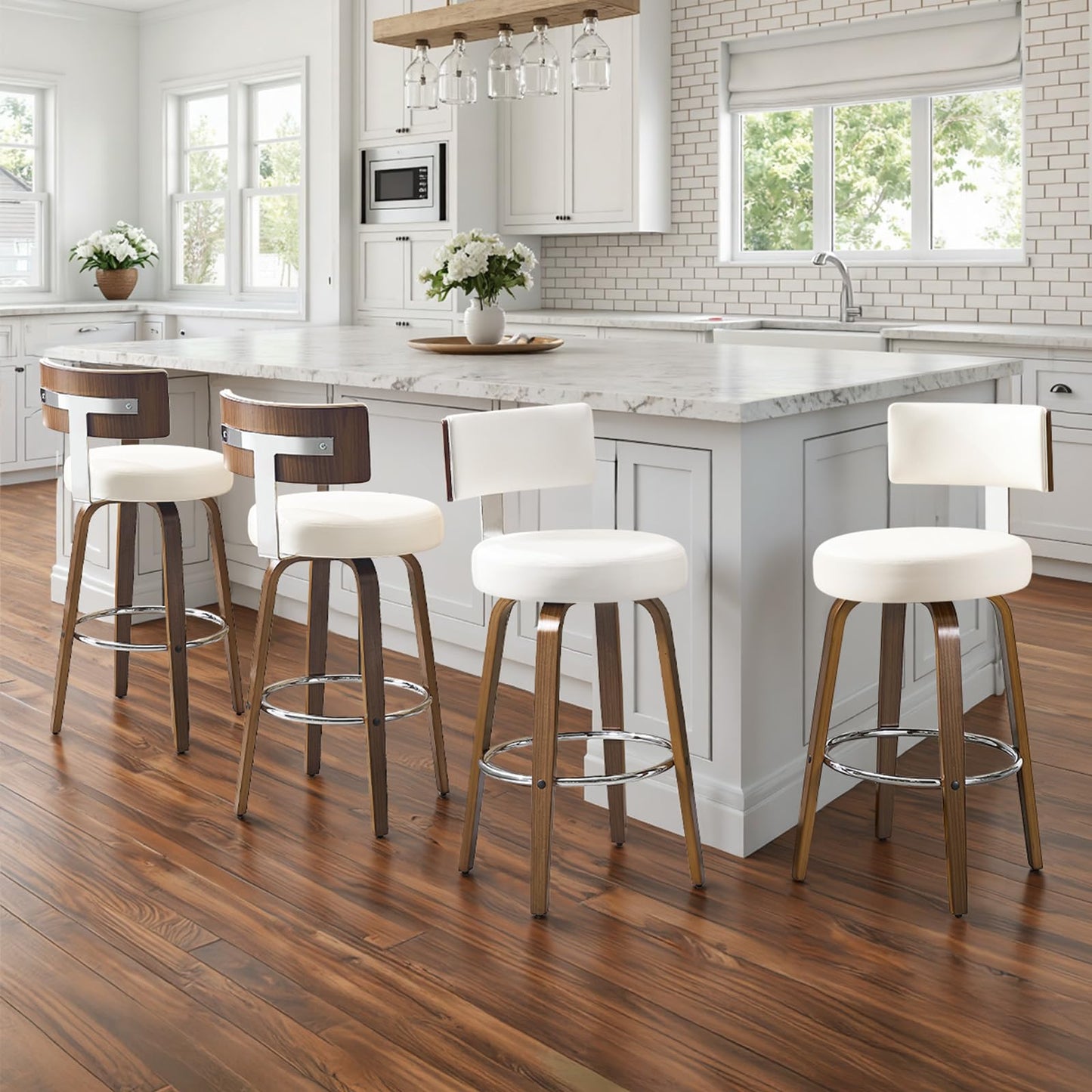 Bekrvio Set of 2 bar stools 360° swivel seat height 65 cm with rattan backrest, extra thick padding (7 cm), solid wood legs, stable up to 150 kg, ideal for island