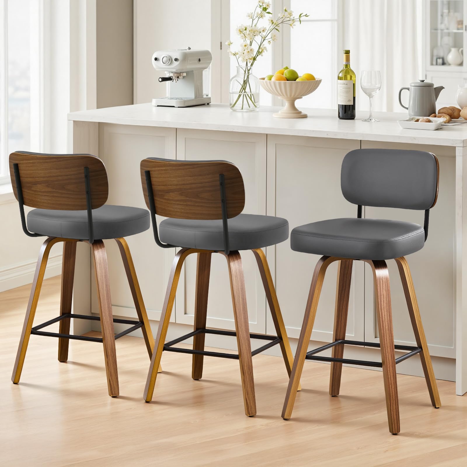 Bekrvio Set of 2 bar stools 360° swivel seat height 65 cm with rattan backrest, extra thick padding (7 cm), solid wood legs, stable up to 150 kg, ideal for island
