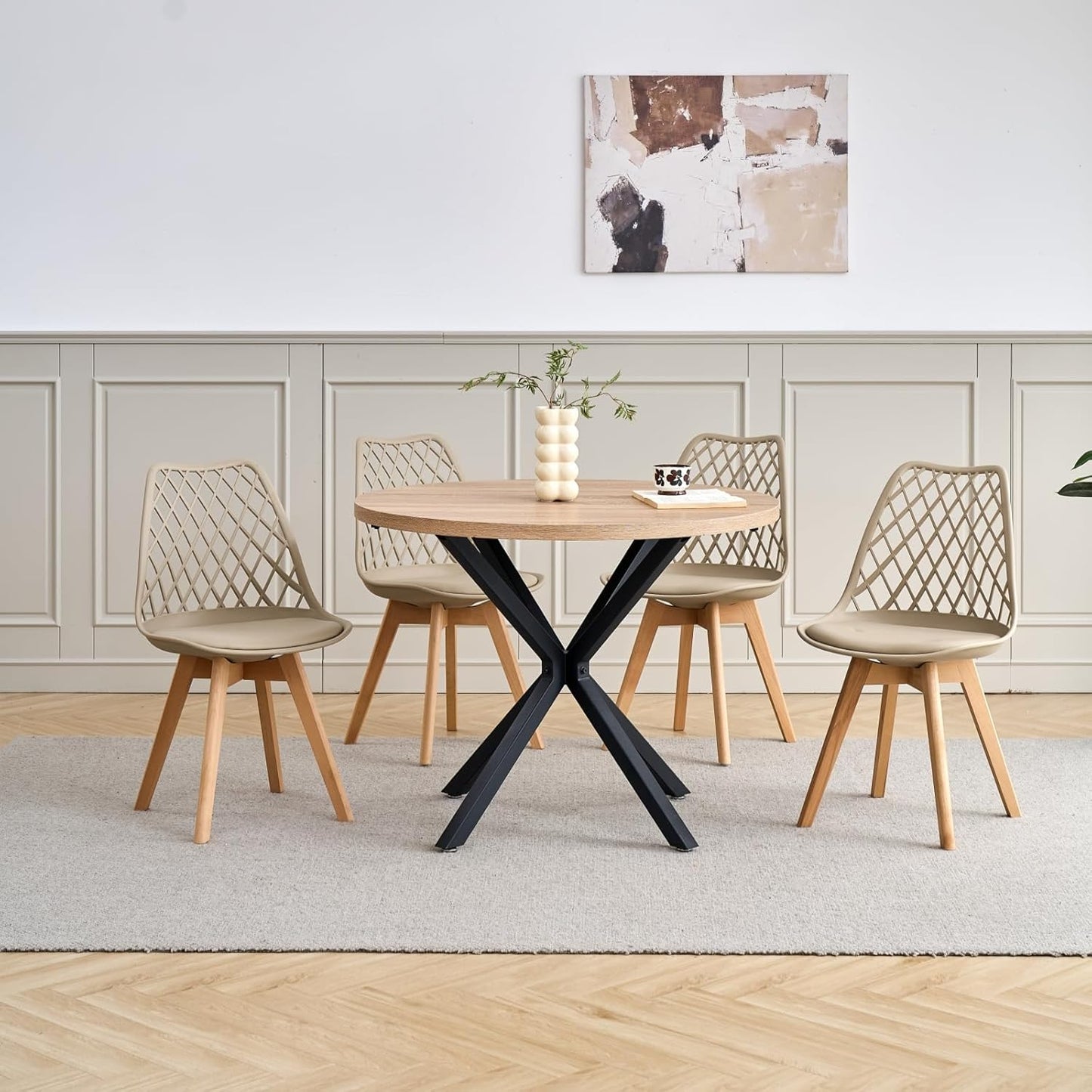 GrandCA HOME Set of 6 Modern Kitchen Dining Chairs with Leather Seats and Beech Legs, Ideal for Kitchen and Dining Room - Khaki