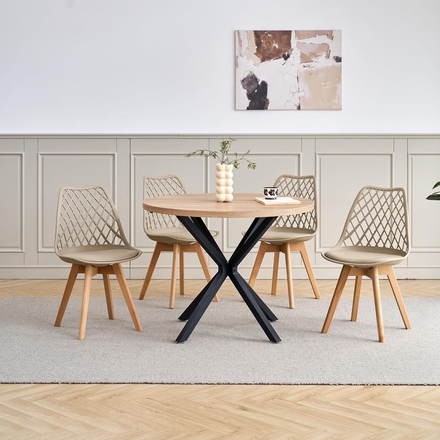GrandCA HOME Set of 6 Modern Kitchen Dining Chairs with Leather Seats and Beech Legs, Ideal for Kitchen and Dining Room - Khaki