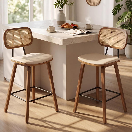 Ya-Home Set of 2 Modern Wooden Rattan Bar Stool Vintage Bar Chair Cushion PU Leather Comfortable Kitchen Stool Beige