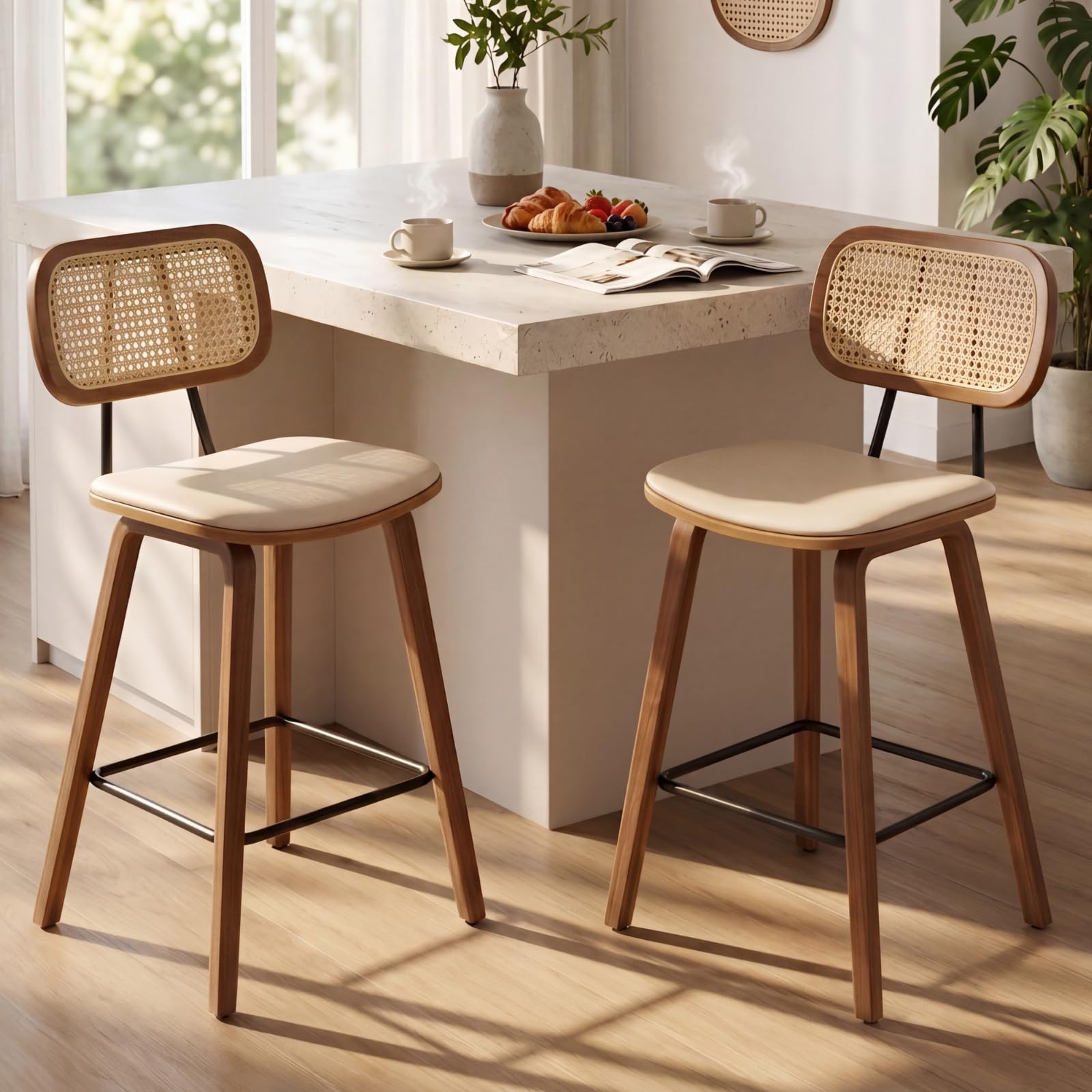 Ya-Home Rattan Bar Chair Set of 2 Wood Metal Bar Stools PU Leather Cushion High Bar Metal Foot for Counter Top Black