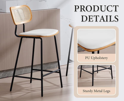 Ya-Home Rattan Bar Chair Set of 2 Wood Metal Bar Stools PU Leather Cushion High Bar Metal Foot for Counter Top White