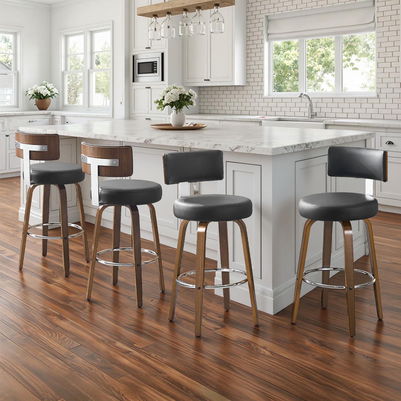 Bekrvio Set of 2 bar stools 360° swivel seat height 65 cm with rattan backrest, extra thick padding (7 cm), solid wood legs, stable up to 150 kg, ideal for island
