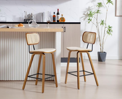 Ya-Home Set of 2 Modern Wooden Rattan Bar Stool Vintage Bar Chair Cushion PU Leather Comfortable Kitchen Stool Beige