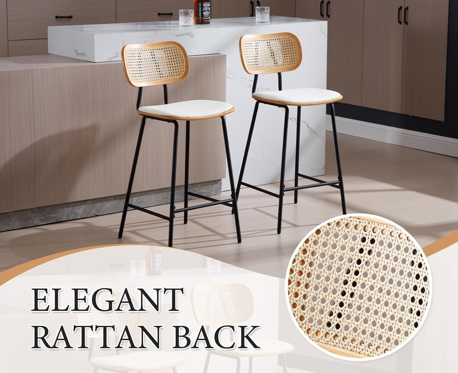 Ya-Home Rattan Bar Chair Set of 2 Wood Metal Bar Stools PU Leather Cushion High Bar Metal Foot for Counter Top White