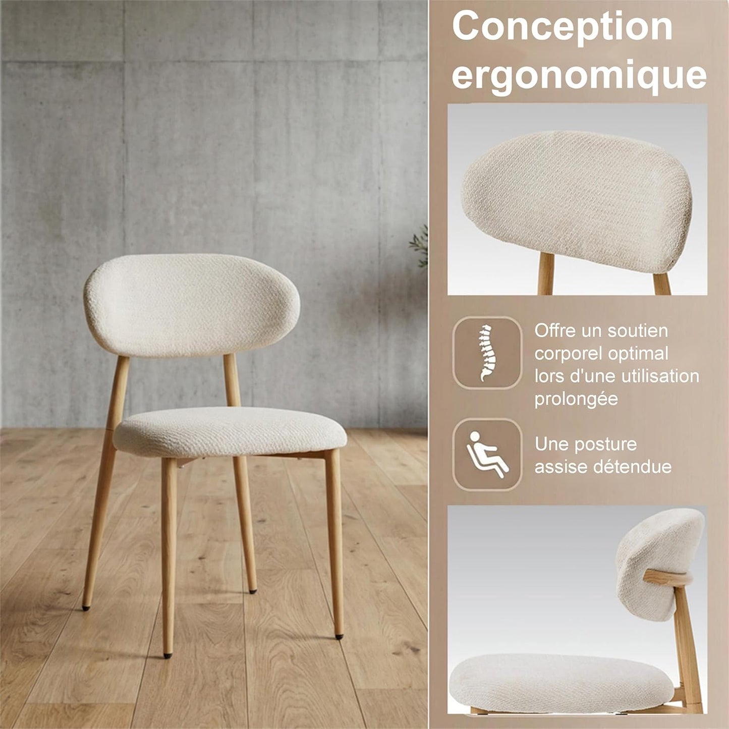 Chaise Salle a Manger Lot de 2, Chaise Ergonomique tapissée en Chenille avec poignées en Chenille et Jambes en métal courbées avec Grain Bois pour Salon en Beige