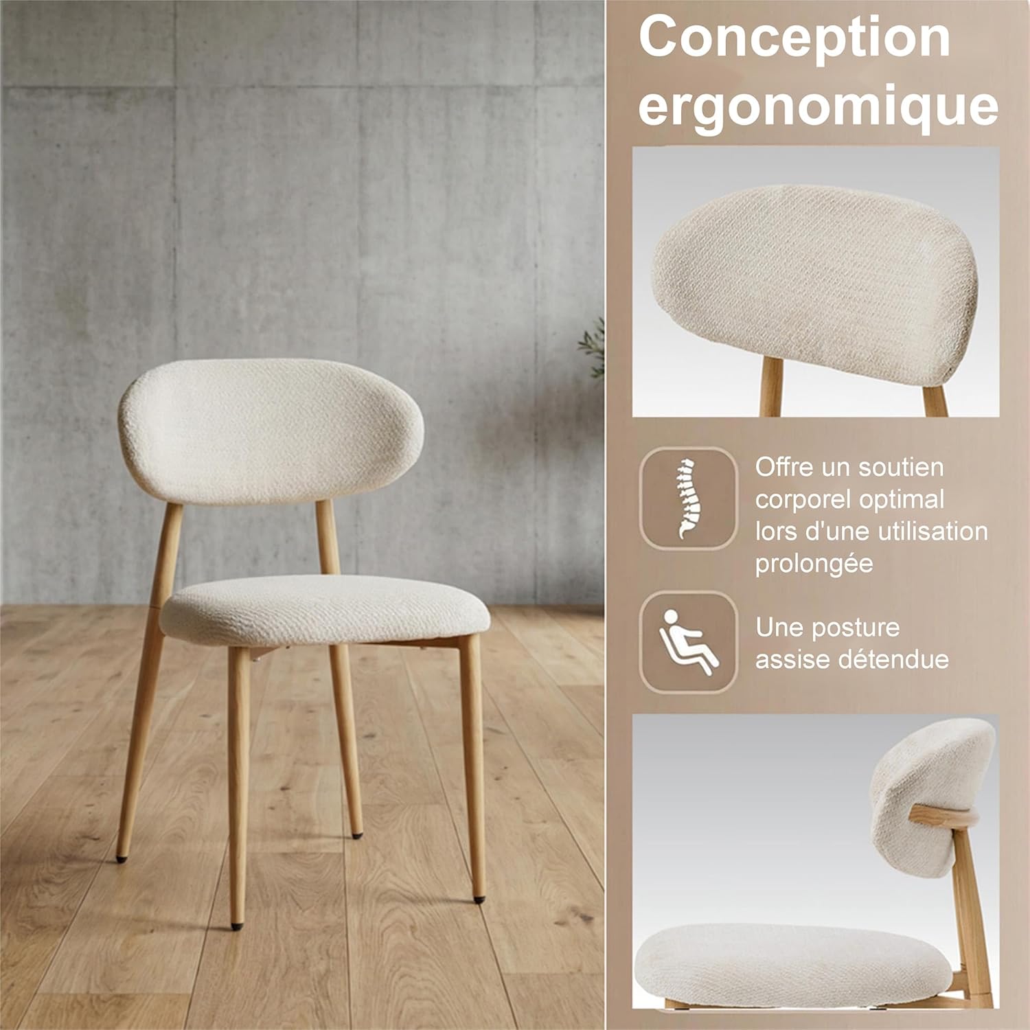 Chaise Salle a Manger Lot de 2, Chaise Ergonomique tapissée en Chenille avec poignées en Chenille et Jambes en métal courbées avec Grain Bois pour Salon en Beige