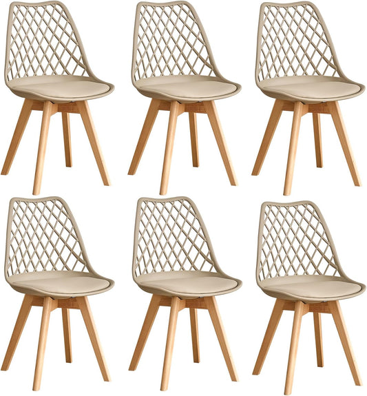 GrandCA HOME Set of 6 Modern Kitchen Dining Chairs with Leather Seats and Beech Legs, Ideal for Kitchen and Dining Room - Khaki