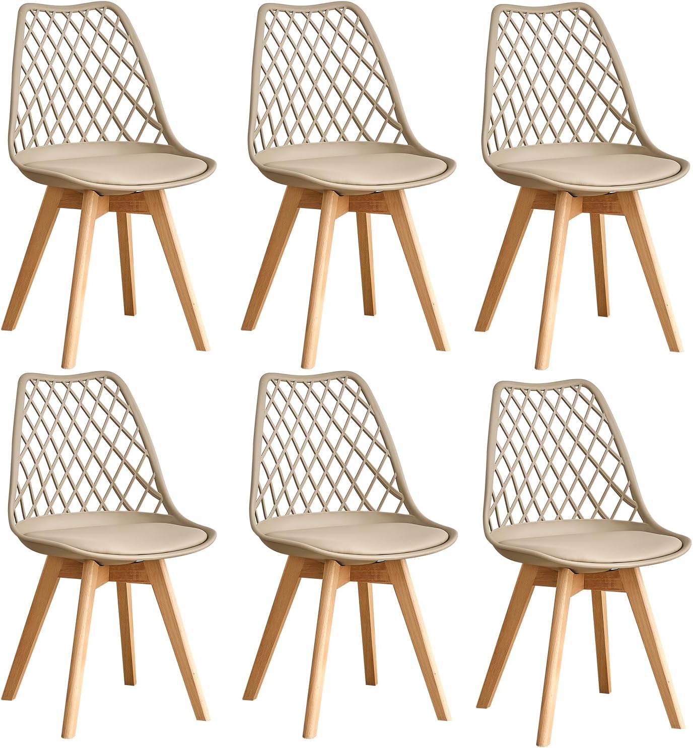 GrandCA HOME Set of 6 Modern Kitchen Dining Chairs with Leather Seats and Beech Legs, Ideal for Kitchen and Dining Room - Khaki