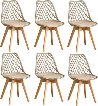 GrandCA HOME Set of 6 Modern Kitchen Dining Chairs with Leather Seats and Beech Legs, Ideal for Kitchen and Dining Room - Khaki