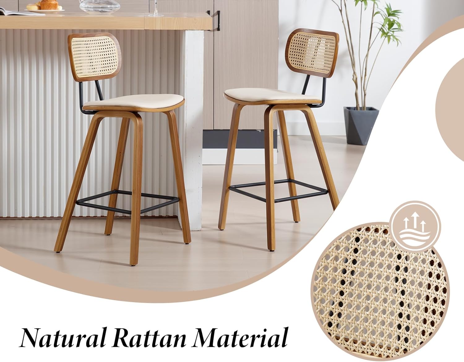 Ya-Home Set of 2 Modern Wooden Rattan Bar Stool Vintage Bar Chair Cushion PU Leather Comfortable Kitchen Stool Beige
