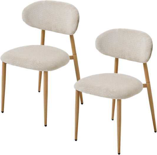 Chaise Salle a Manger Lot de 2, Chaise Ergonomique tapissée en Chenille avec poignées en Chenille et Jambes en métal courbées avec Grain Bois pour Salon en Beige