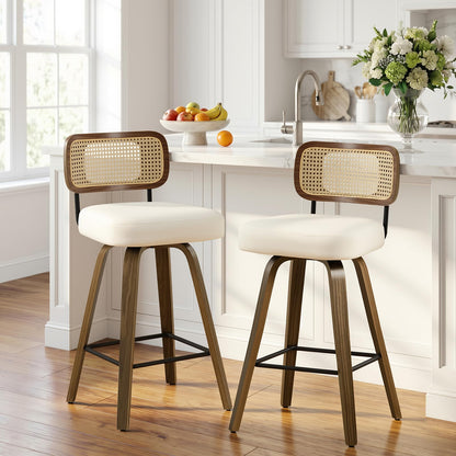 Bekrvio Set of 2 bar stools 360° swivel seat height 65 cm with rattan backrest, extra thick padding (7 cm), solid wood legs, stable up to 150 kg, ideal for island